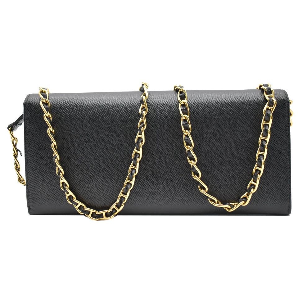 Prada Saffiano Leather Wallet on Chain Clutch Crossbody Bag Black