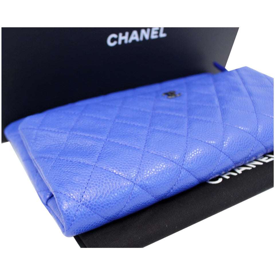 Chanel Foldover Quilted Caviar Leather Clutch Bag Blue