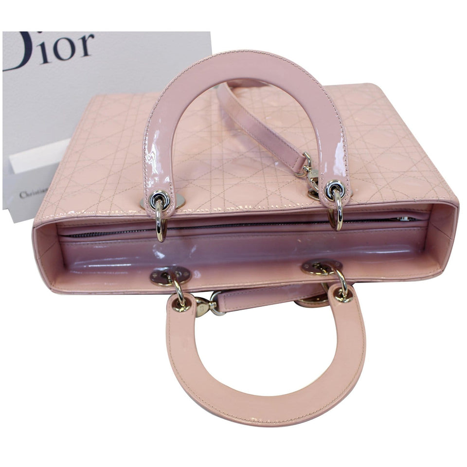Christian Dior Quilted Patent Leather Lady Dior Large Shoulder Bag Pink
