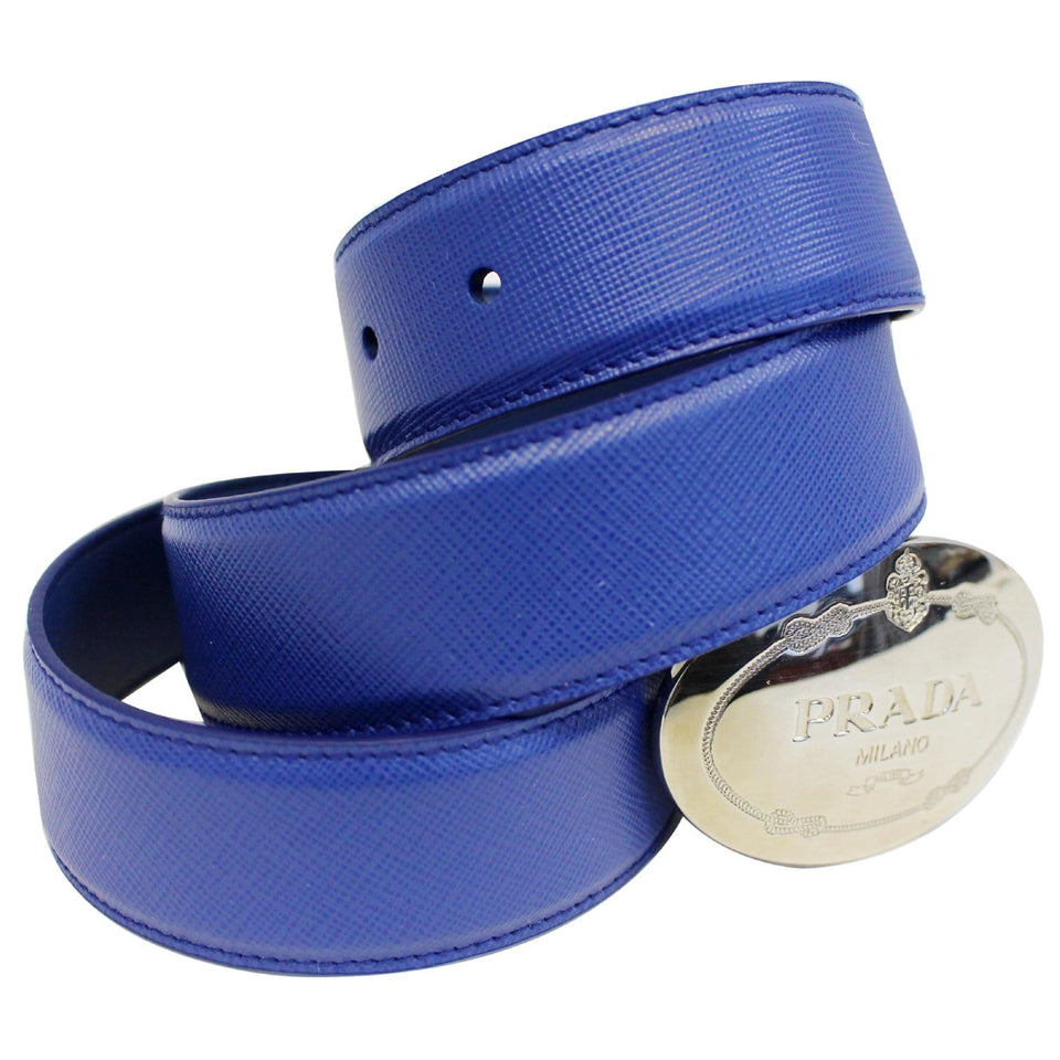Prada Round Logo Blue Saffiano Leather Belt Size 40