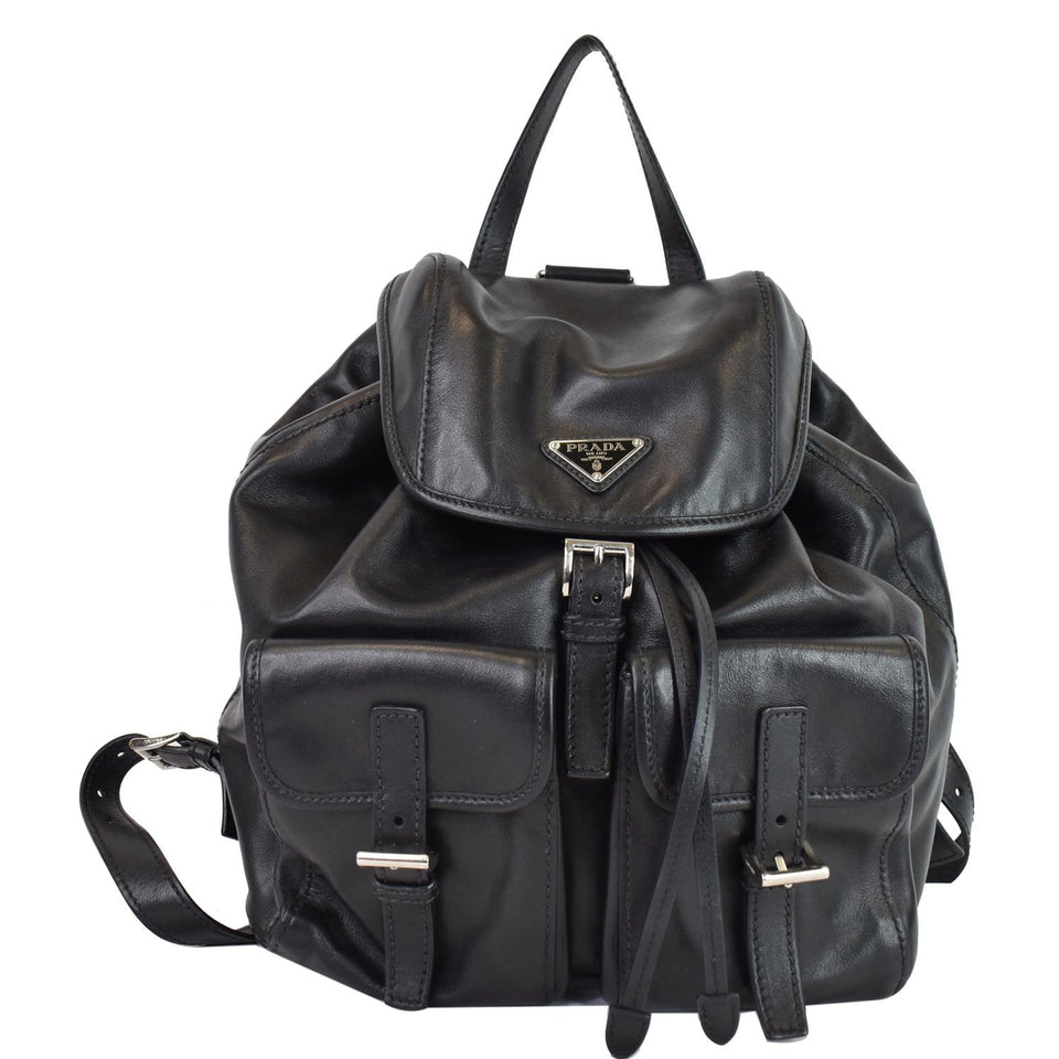 Prada Milano Double Pocket Leather Backpack Bag Black