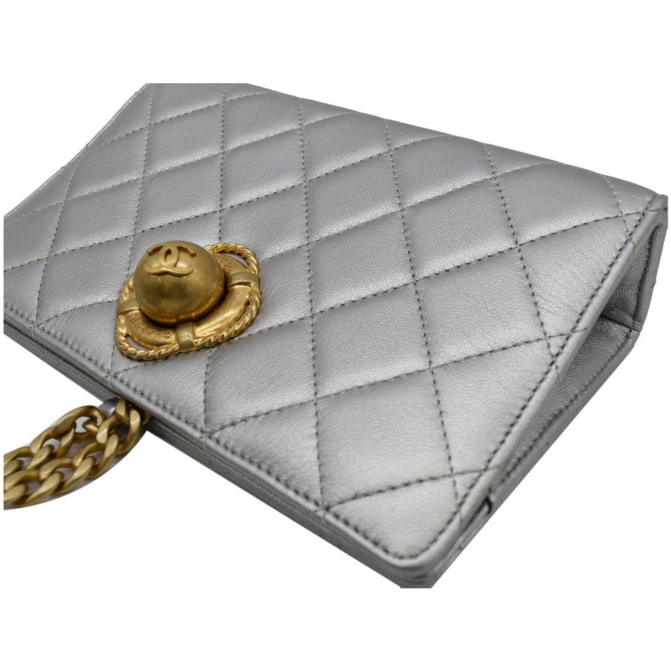 Chanel By The Sea Quilted Lambskin Leather Clutch Wallet Metallic Silver