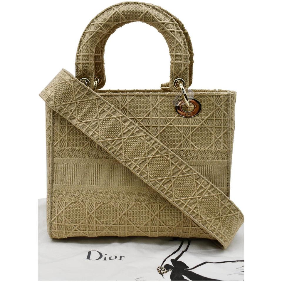 Christian Dior Medium Lady D-Lite Embroidered Canvas Shoulder Bag Beige