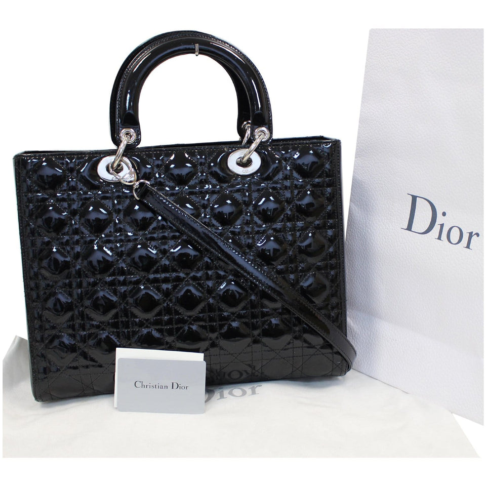 Christian Dior Lady Dior Large Quilted Patent Leather Shoulder Bag Black