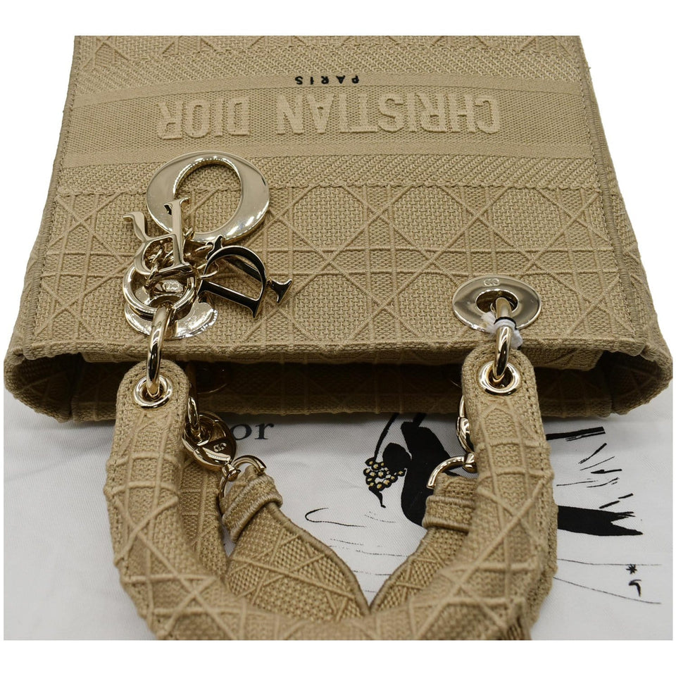 Christian Dior Medium Lady D-Lite Embroidered Canvas Shoulder Bag Beige