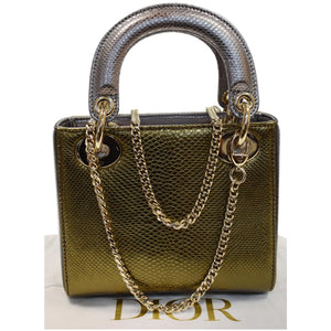 Christian Dior Mini Lady Dior Lizard Print Chain Shoulder Bag Metallic Gold