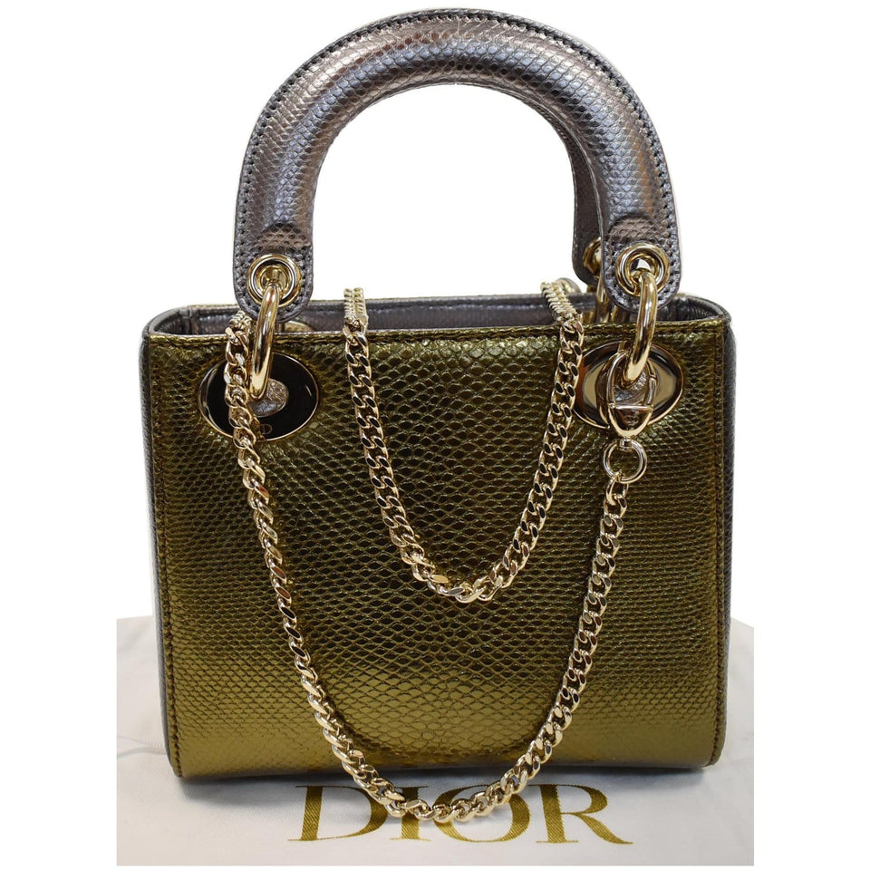 Christian Dior Mini Lady Dior Lizard Print Chain Shoulder Bag Metallic Gold