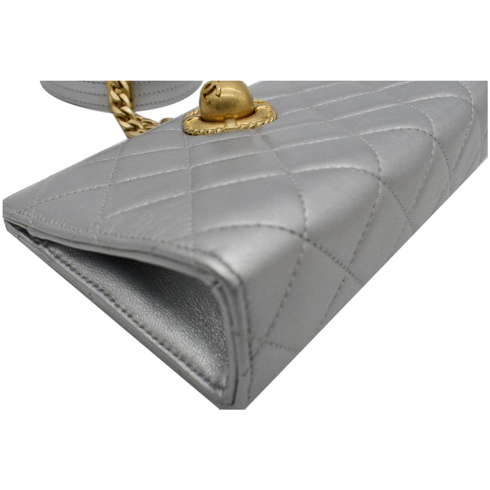 Chanel By The Sea Quilted Lambskin Leather Clutch Wallet Metallic Silver