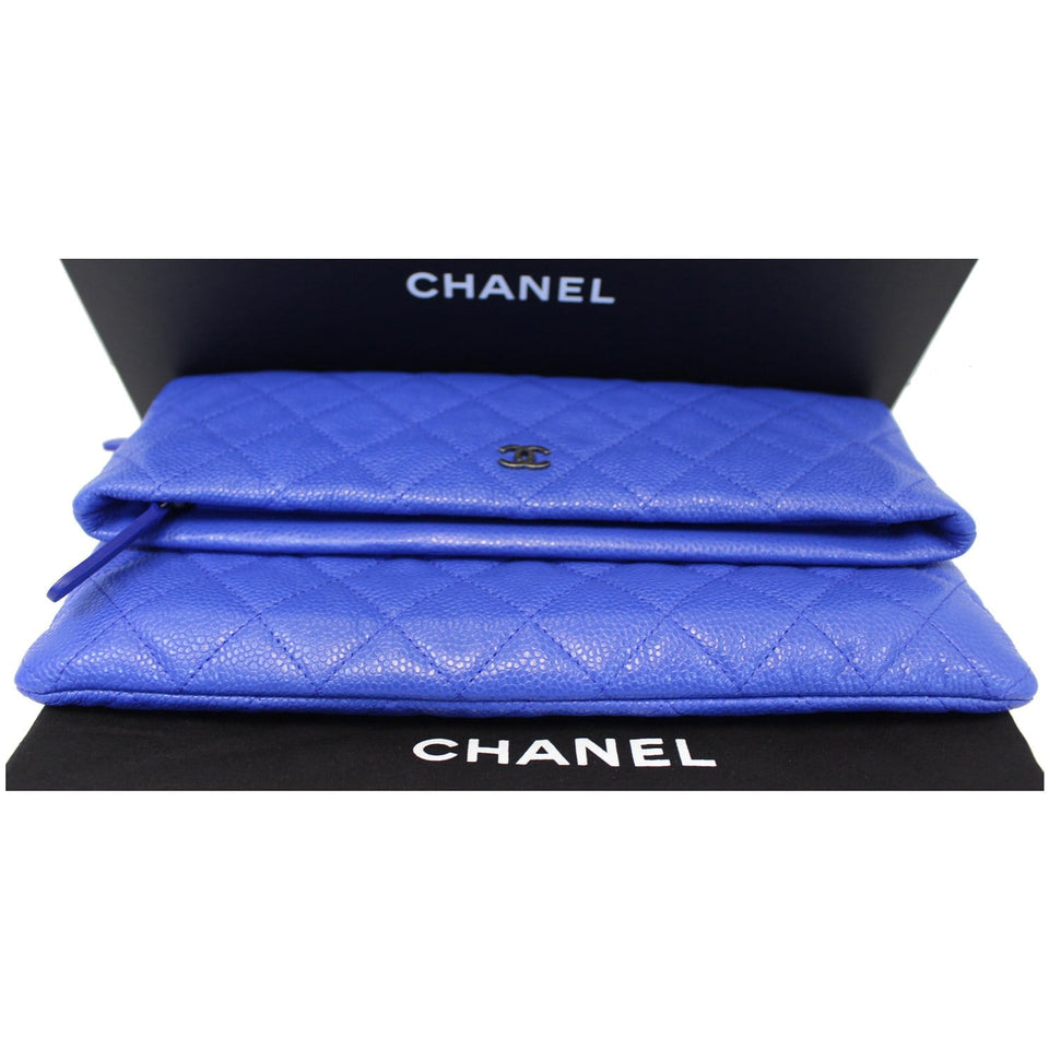 Chanel Foldover Quilted Caviar Leather Clutch Bag Blue