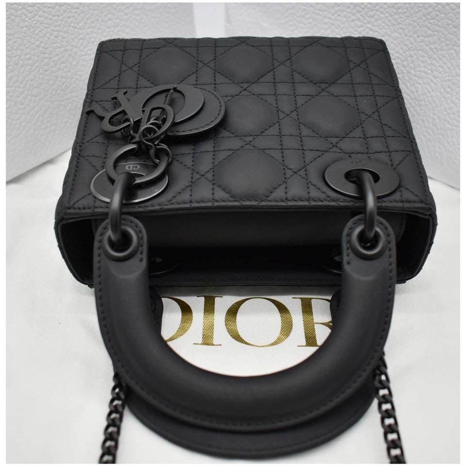 Christian Dior Mini Lady Dior Cannage Calfskin Leather Shoulder Bag Matte Black