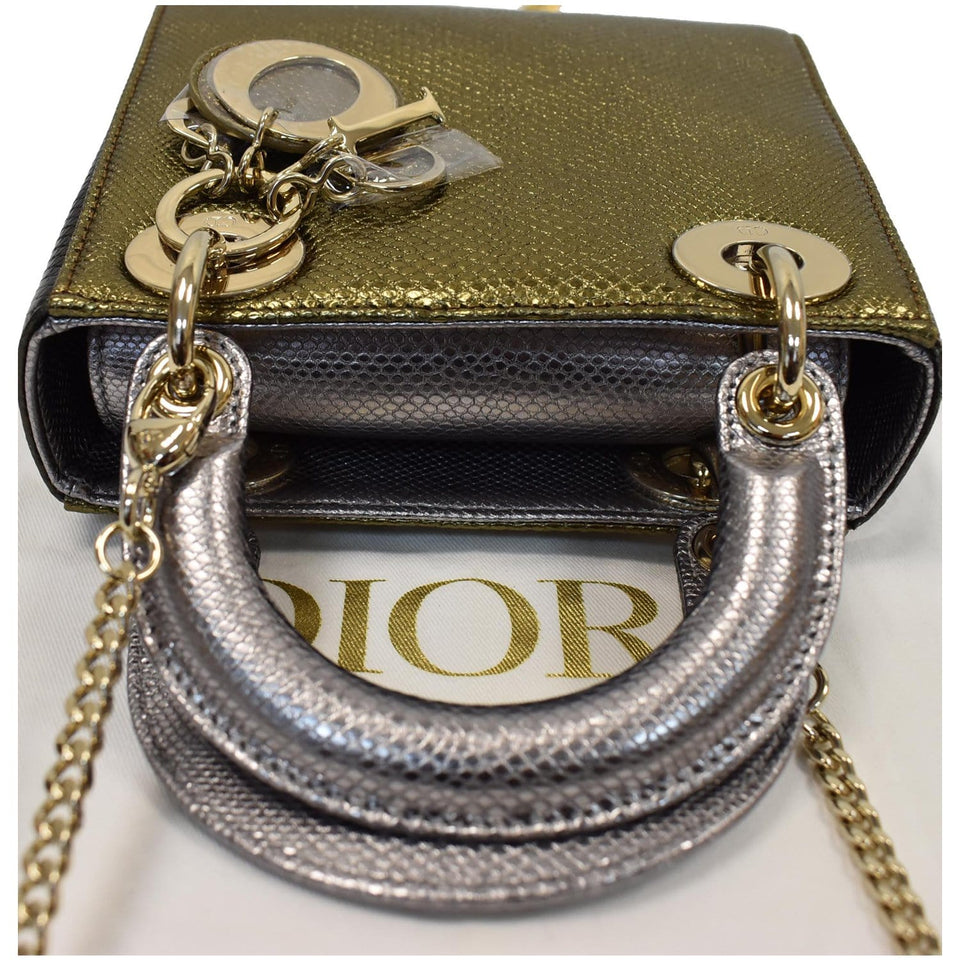 Christian Dior Mini Lady Dior Lizard Print Chain Shoulder Bag Metallic Gold