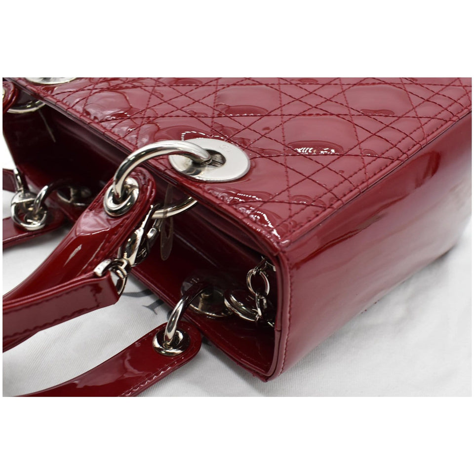Christian Dior Medium Lady Dior Cannage Patent Leather Shoulder Bag Red