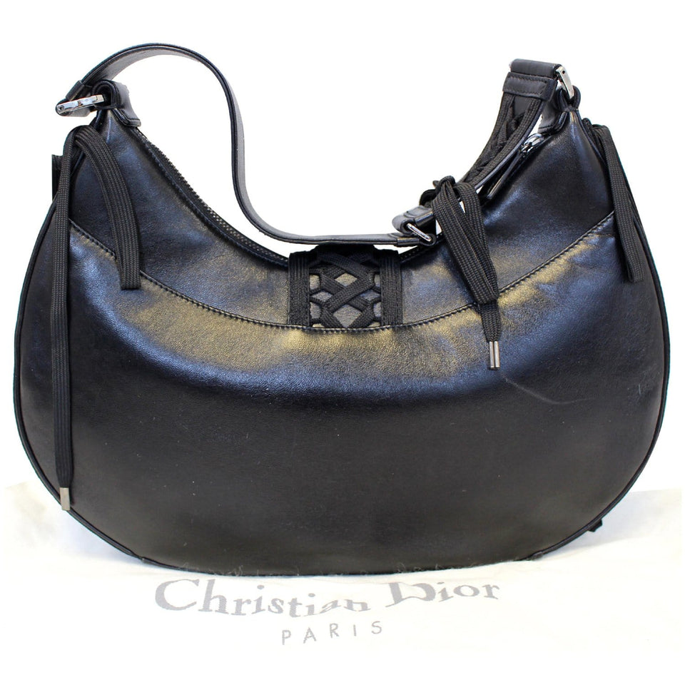 Christian Dior Lace Up Admit It Leather Hobo Bag Black