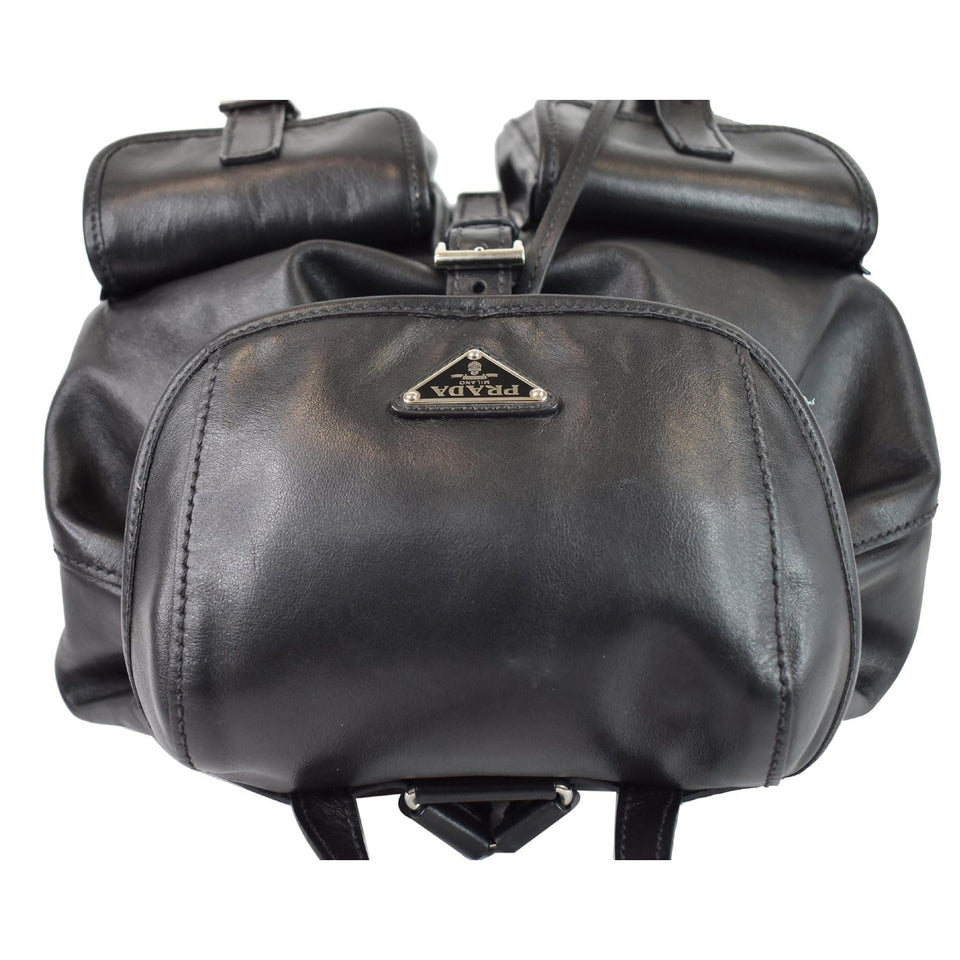 Prada Milano Double Pocket Leather Backpack Bag Black