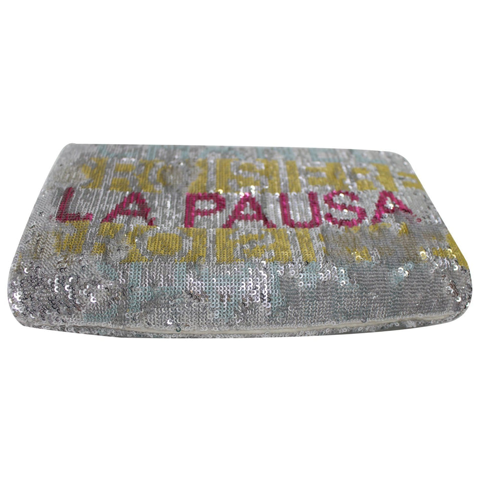 Chanel La Pausa Embroidered Satin Sequin Clutch Bag Silver