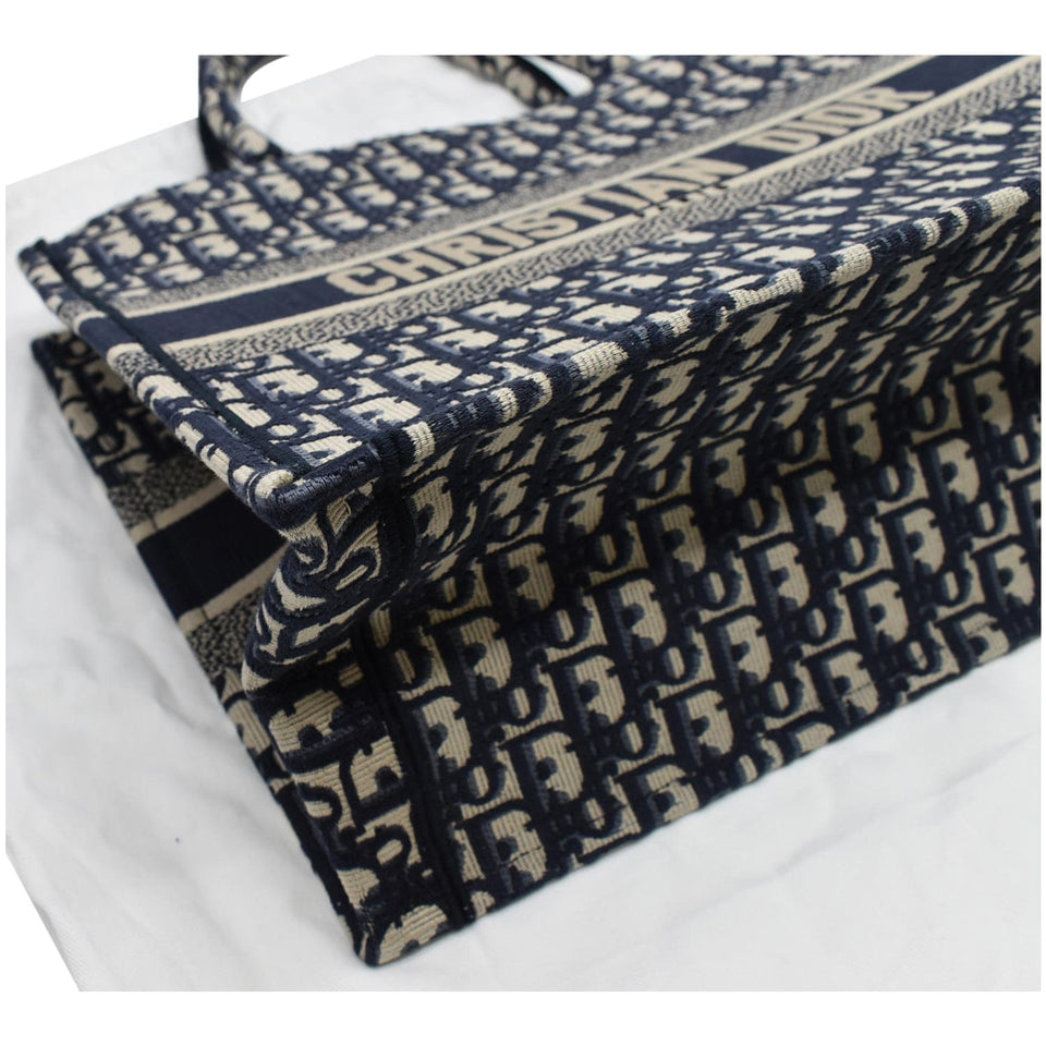 Christian Dior Book Medium Oblique Embroidery Tote Bag Blue