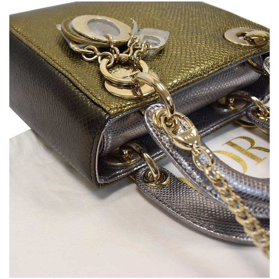 Christian Dior Mini Lady Dior Lizard Print Chain Shoulder Bag Metallic Gold