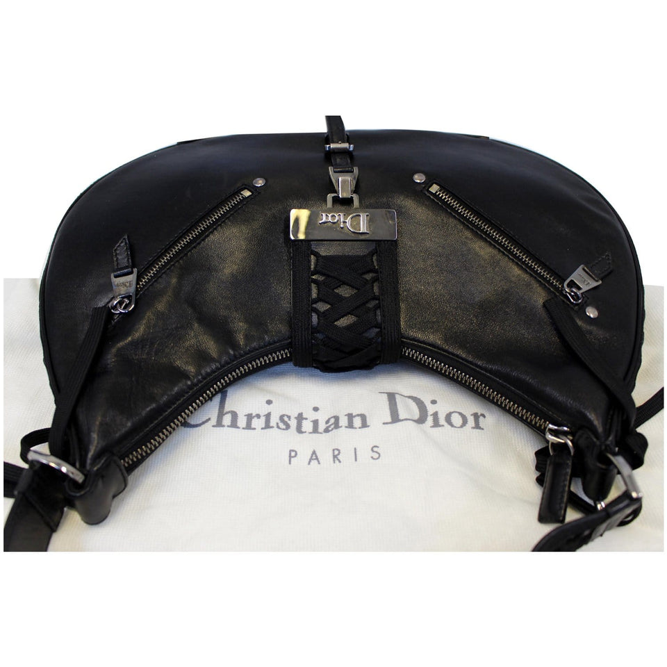 Christian Dior Lace Up Admit It Leather Hobo Bag Black