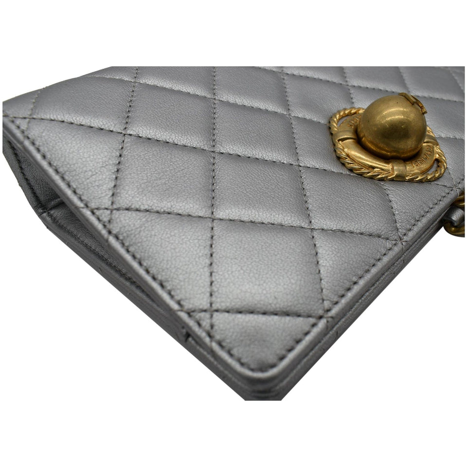 Chanel By The Sea Quilted Lambskin Leather Clutch Wallet Metallic Silver