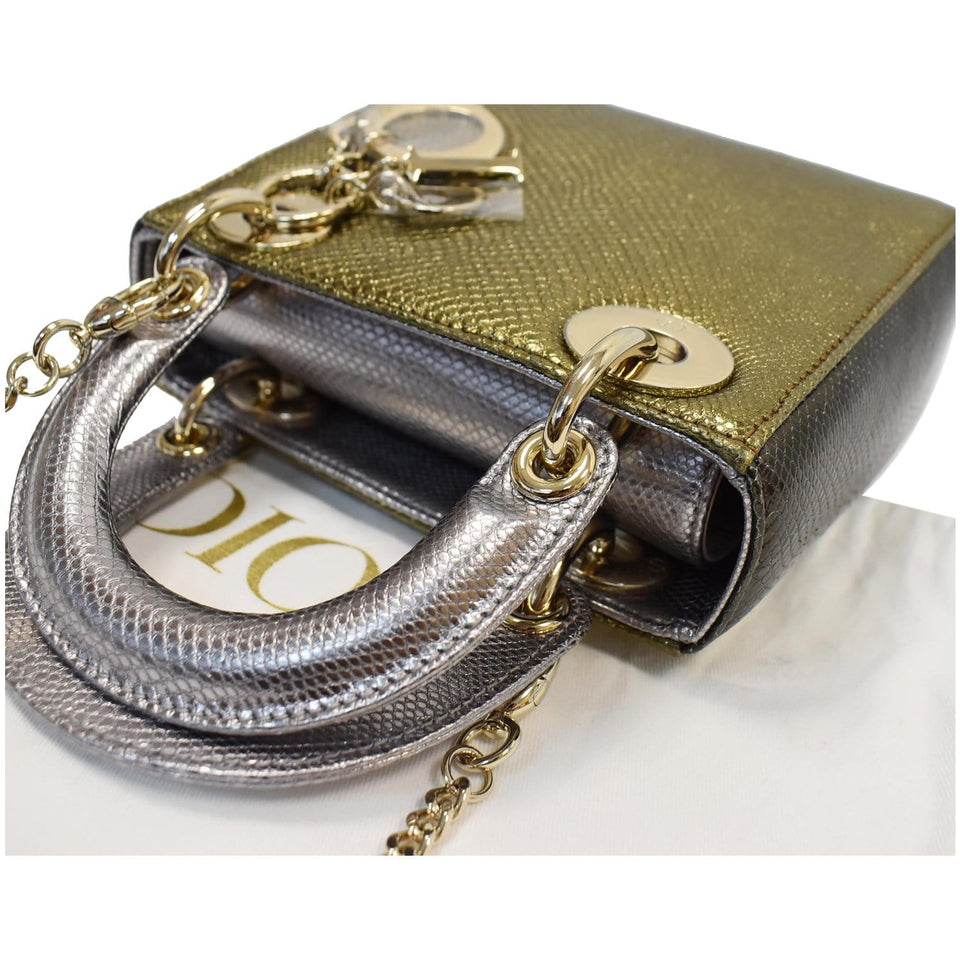 Christian Dior Mini Lady Dior Lizard Print Chain Shoulder Bag Metallic Gold