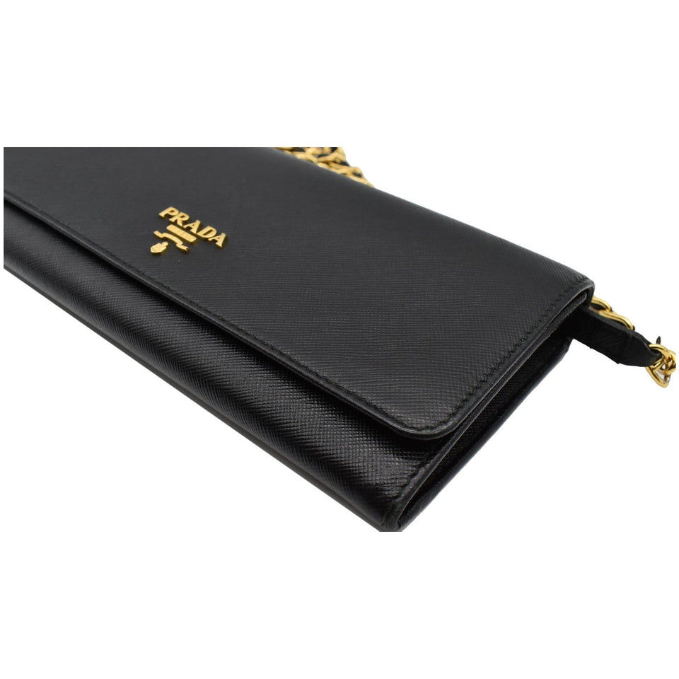 Prada Saffiano Leather Wallet on Chain Clutch Crossbody Bag Black