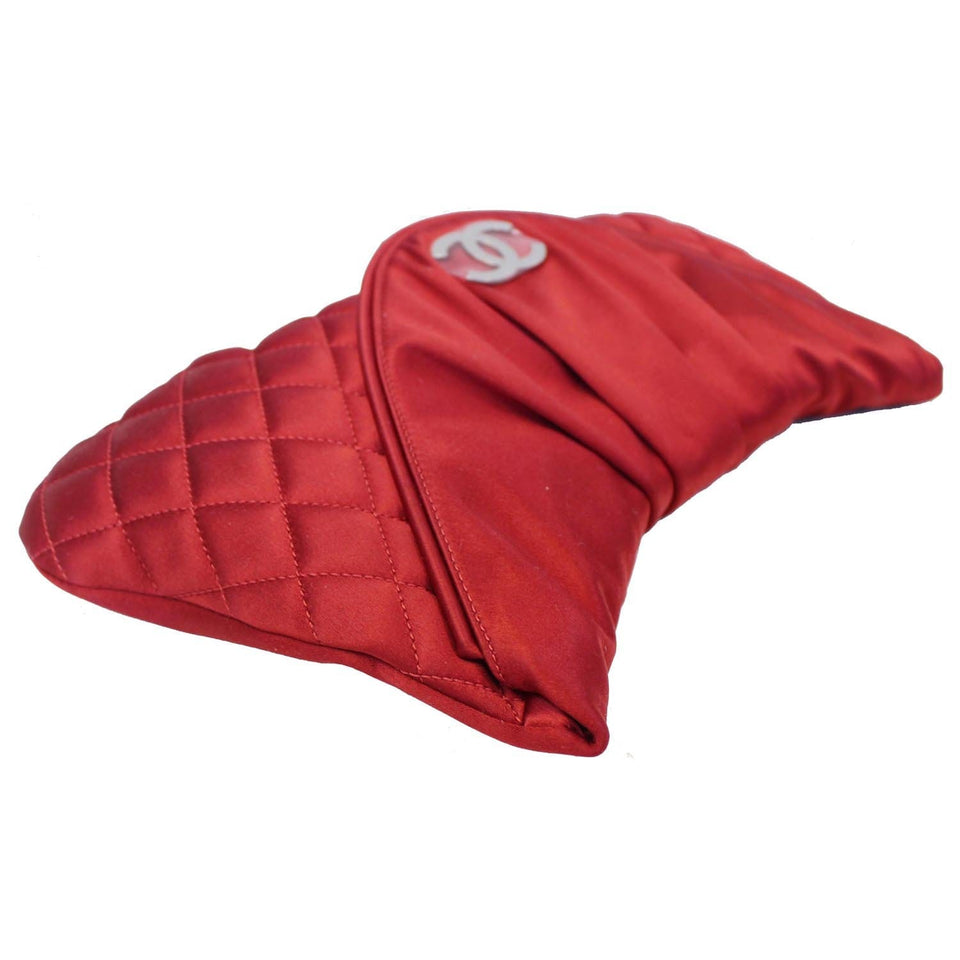 Chanel CC Half Moon Quilted Satin Clutch Bag Red
