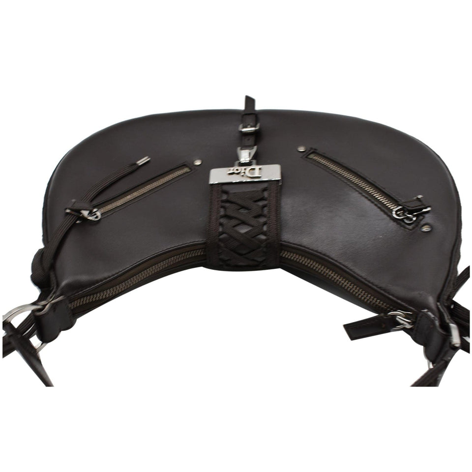 Christian Dior Lace Up Admit It Leather Hobo Bag Dark Brown