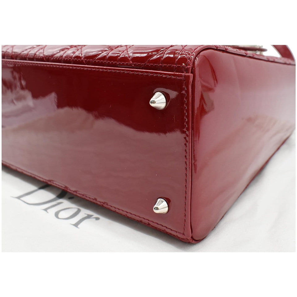Christian Dior Medium Lady Dior Cannage Patent Leather Shoulder Bag Red
