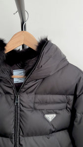 Prada Re Nylon Black Shearling Lined Hooded Down Parka Jacket - XS / 36 / 2 / 4