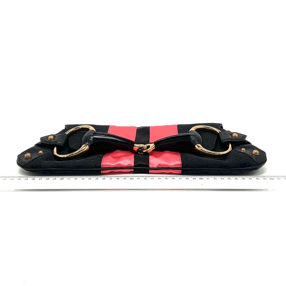 Gucci Horsebit 1955 Chain Large Shoulder Bag Black Monogram with Pink Silk
