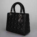 Christian Dior Black Medium Lady Dior Bag in Cannage Lambskin Leather with Silver Hardware