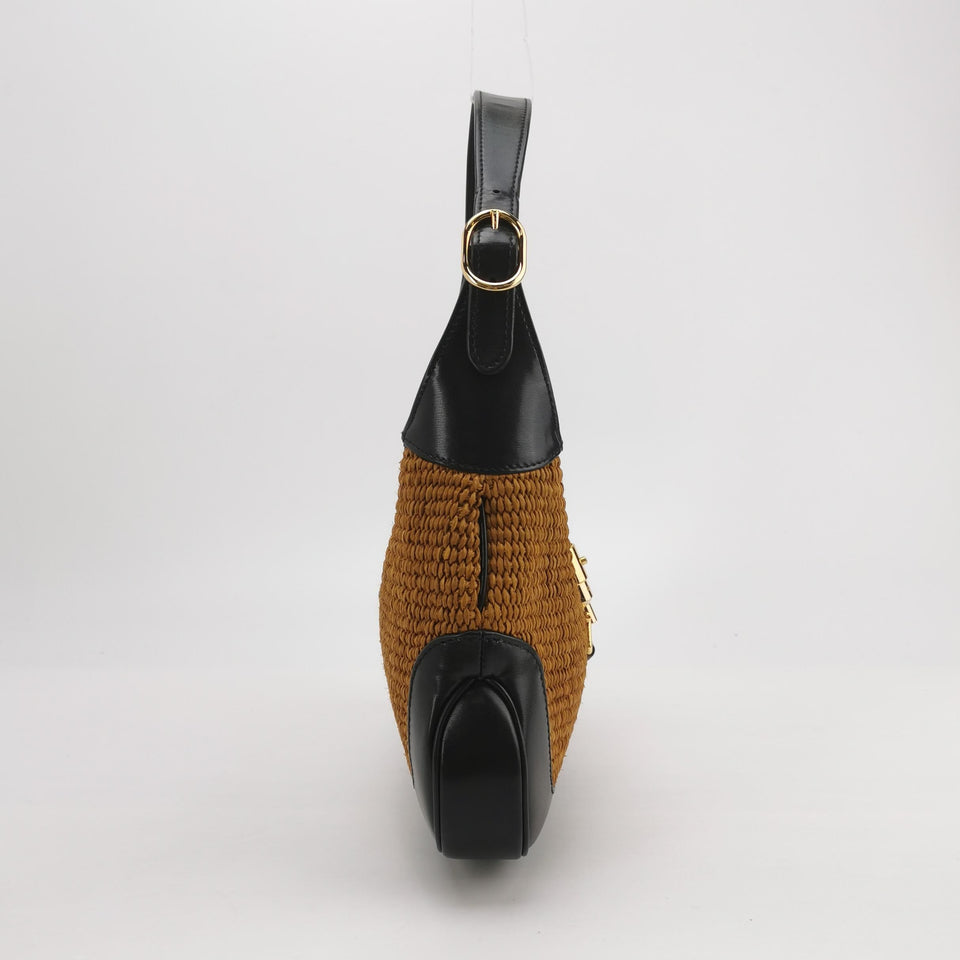 Gucci Jackie 1961 Beige Camel Wicker Bag Black Leather Gold Hardware Leather Strap