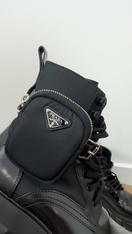 Prada Black Leather Re-Nylon Monolith Ankle Boot with Pouch - 37.5