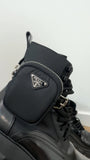 Prada Black Leather Re-Nylon Monolith Ankle Boot with Pouch - 37.5