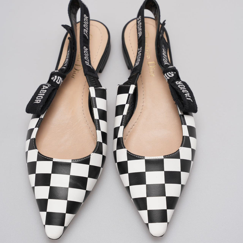 Christian Dior Calfskin Ribbon Checker Print J'ADior SlingBack Flats In Black and White Size 37
