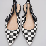 Christian Dior Calfskin Ribbon Checker Print J'ADior SlingBack Flats In Black and White Size 37