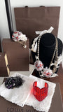Louis Vuitton Vintage Fall 2005 Red and White Chain Crystal Flower Ribbon Necklace