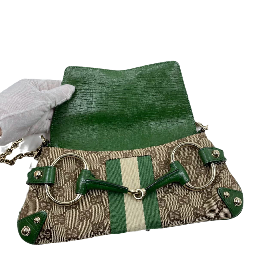 Iconic Gucci Horsebit 1955 Chain Cloth Gucci Monogram Green Leather and Gold Studs
