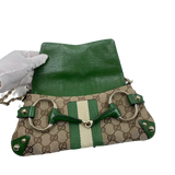 Iconic Gucci Horsebit 1955 Chain Cloth Gucci Monogram Green Leather and Gold Studs
