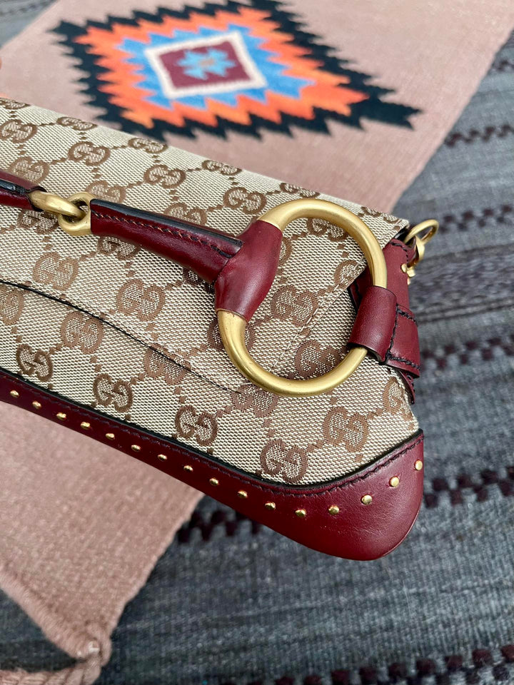 Gucci Horsebit 1955 Small Cloth Beige Monogram Burgundy Leather Shoulder bag