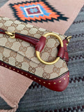 Gucci Horsebit 1955 Small Cloth Beige Monogram Burgundy Leather Shoulder bag
