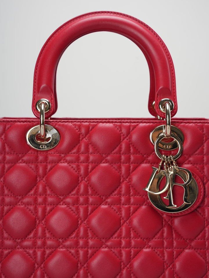 Christian Dior Red Medium Lady Dior Bag in Cannage Lambskin Leather with Gold Hardware