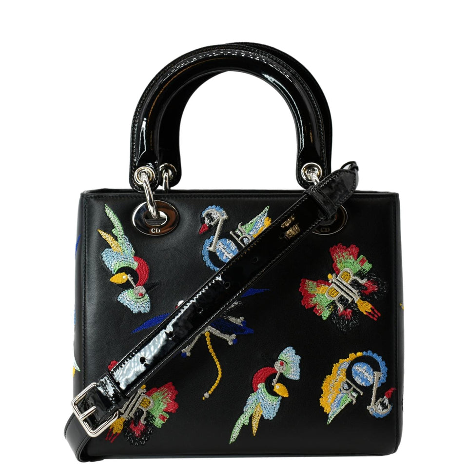 Christian Dior Lady Dior Embroidered Calfskin Shoulder Bag Black