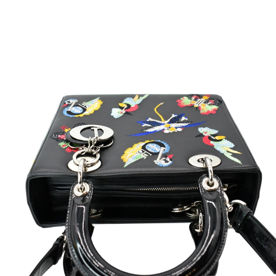 Christian Dior Lady Dior Embroidered Calfskin Shoulder Bag Black