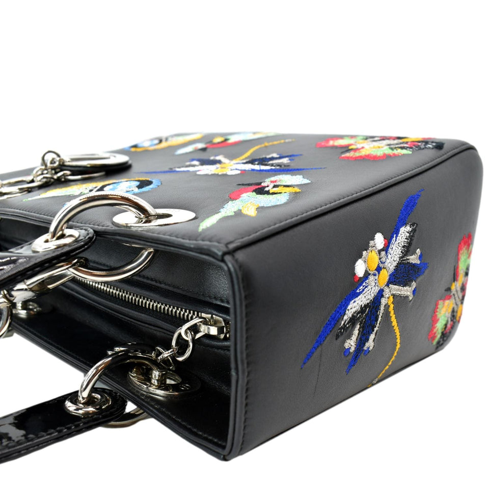 Christian Dior Lady Dior Embroidered Calfskin Shoulder Bag Black
