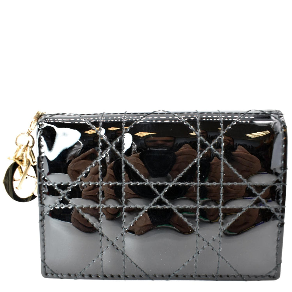 Christian Dior Mini Lady Dior Cannage Calfskin Leather Compact Wallet Black