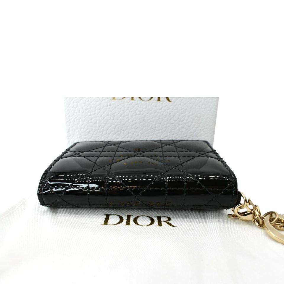 Christian Dior Mini Lady Dior Cannage Calfskin Leather Compact Wallet Black