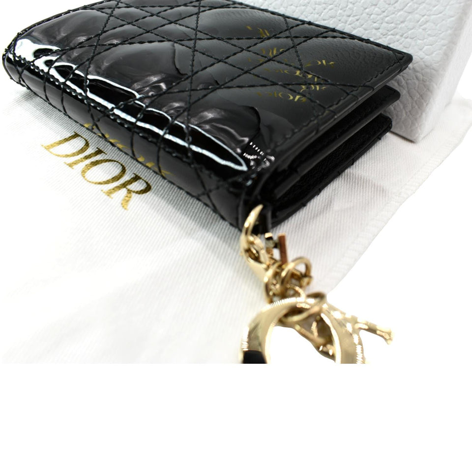 Christian Dior Mini Lady Dior Cannage Calfskin Leather Compact Wallet Black