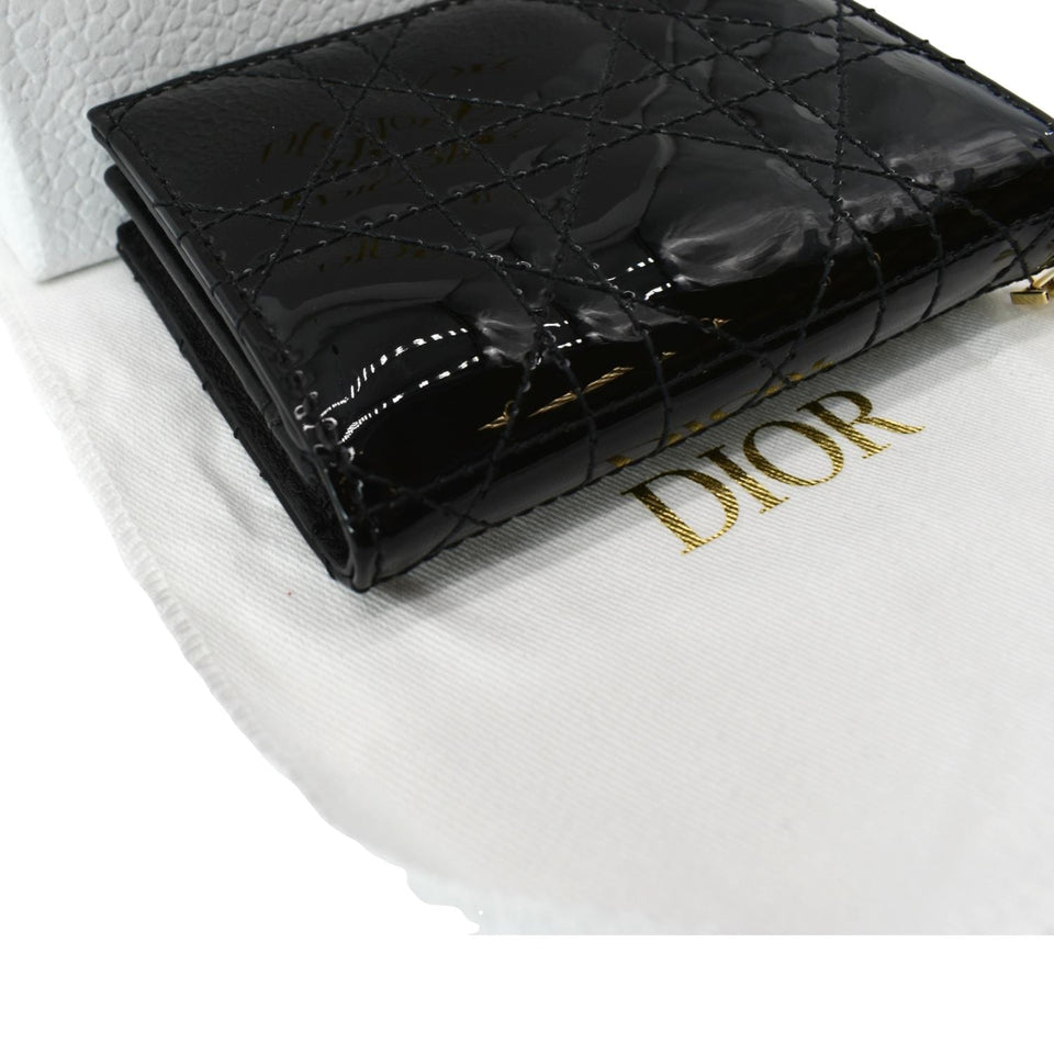 Christian Dior Mini Lady Dior Cannage Calfskin Leather Compact Wallet Black