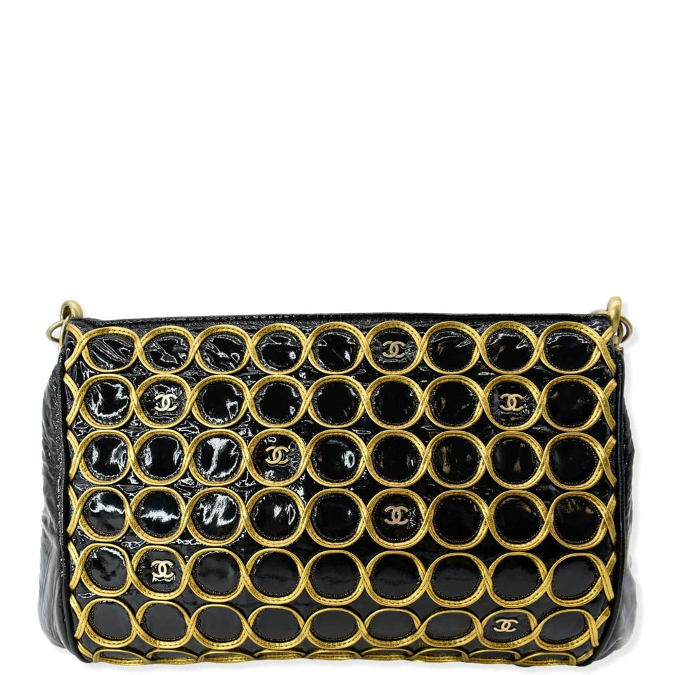 Chanel CC Embroidered Patent Quilted Chain Clutch Bag Black/Gold